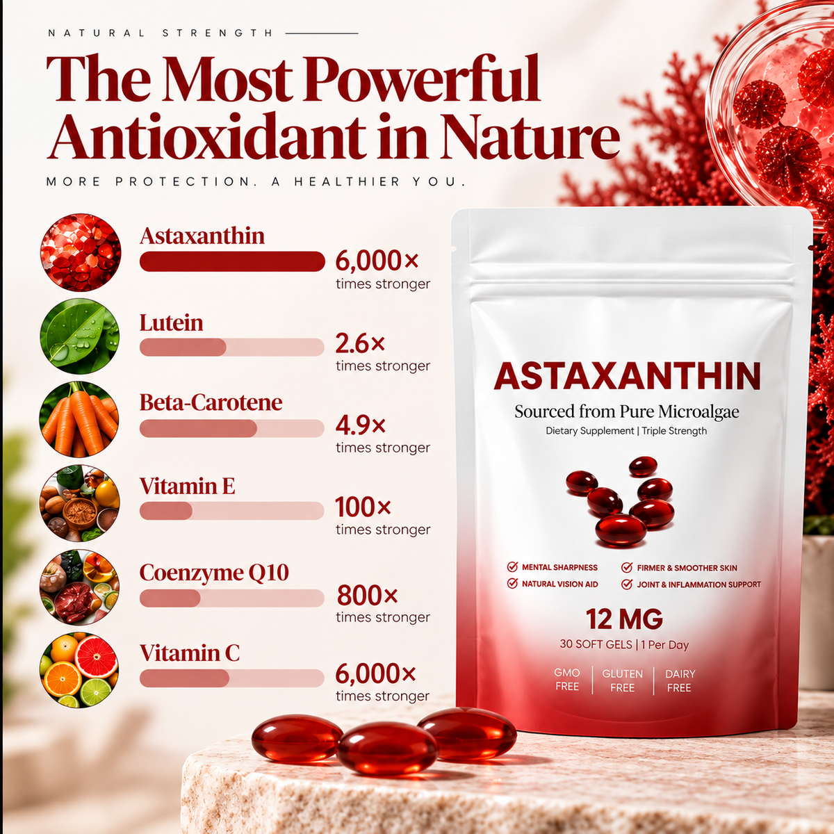 1-5 pcs Astaxanthin 12mg Antioxidant Supplement 30 Softgels Natural Microalgae szglobal