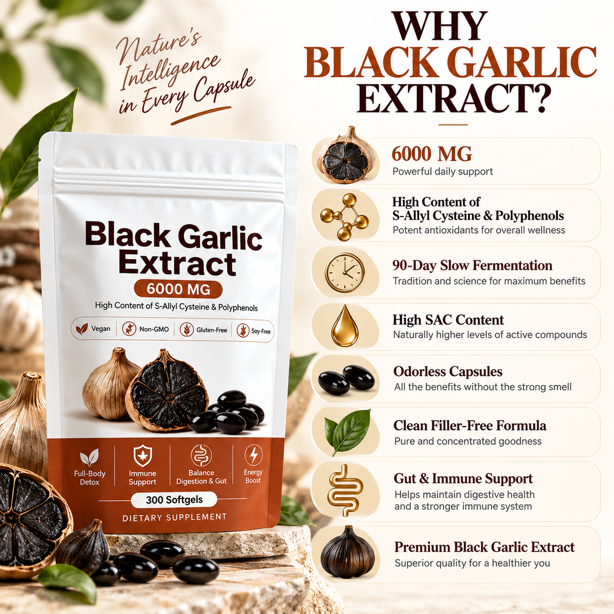 Black Garlic Extract, Natural Odorless Aged Garlic Supplements cocody Serenzza