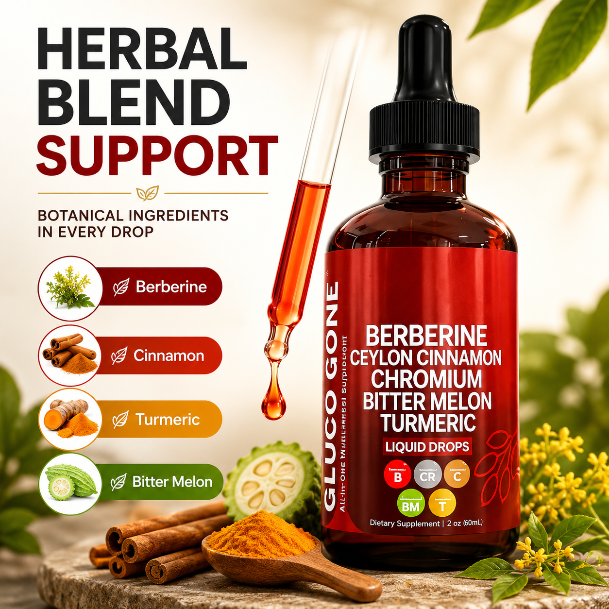 Organic Berberine Cinnamon Ceylon Liquid DropsSupplement with Bitter Melon Serenzza