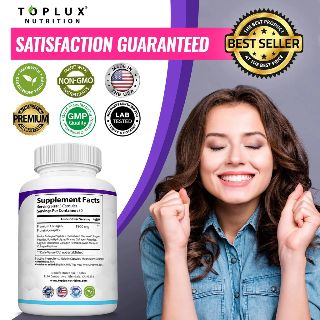 Collagen Peptides 1800mg - Hair & Skin Health, Anti-Aging - Types I,II,III,V,X, Joint and Bone Health